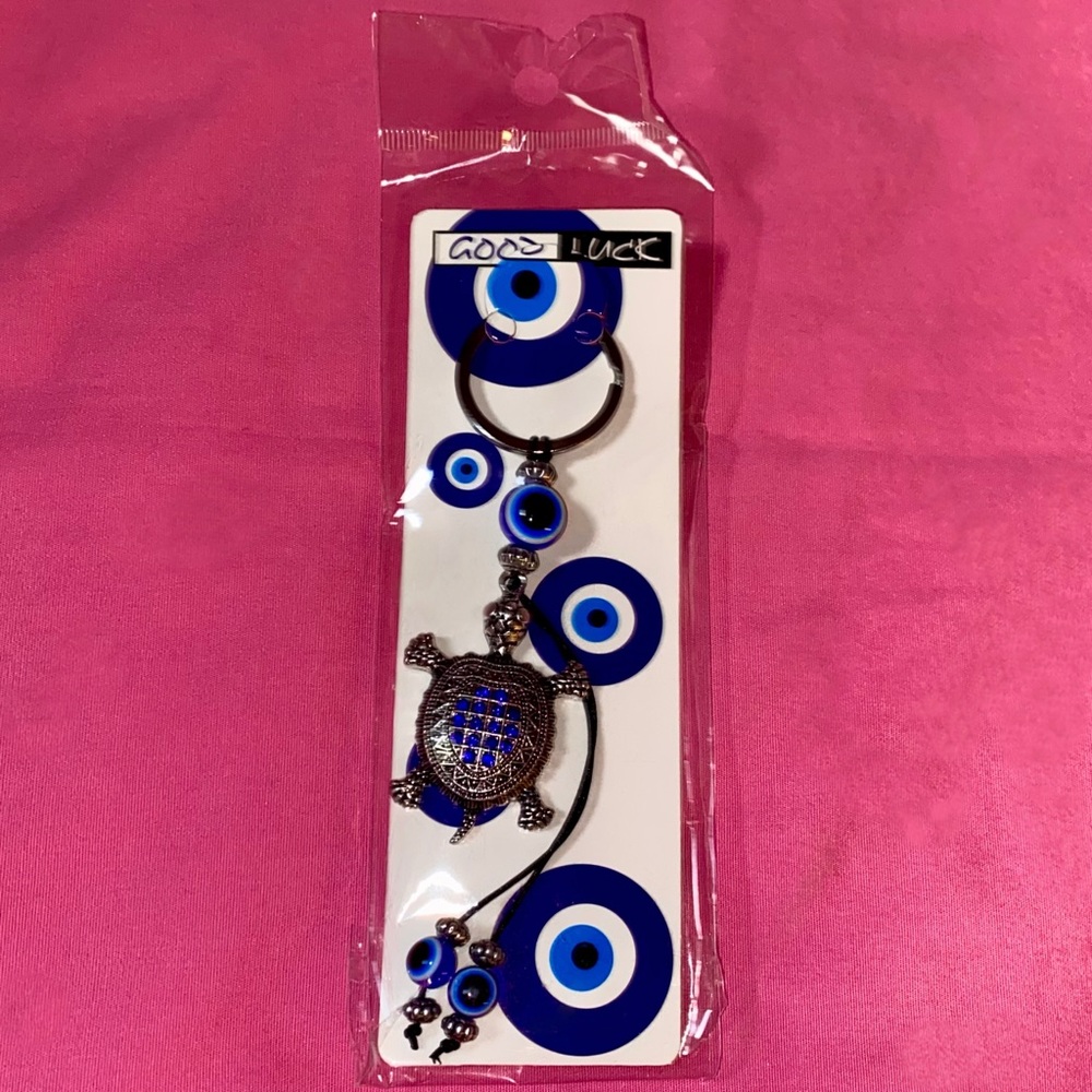 Turtle Evil Eye Keychain Blue Gemstones Gunmetal Silver Dangle Pendant Travel